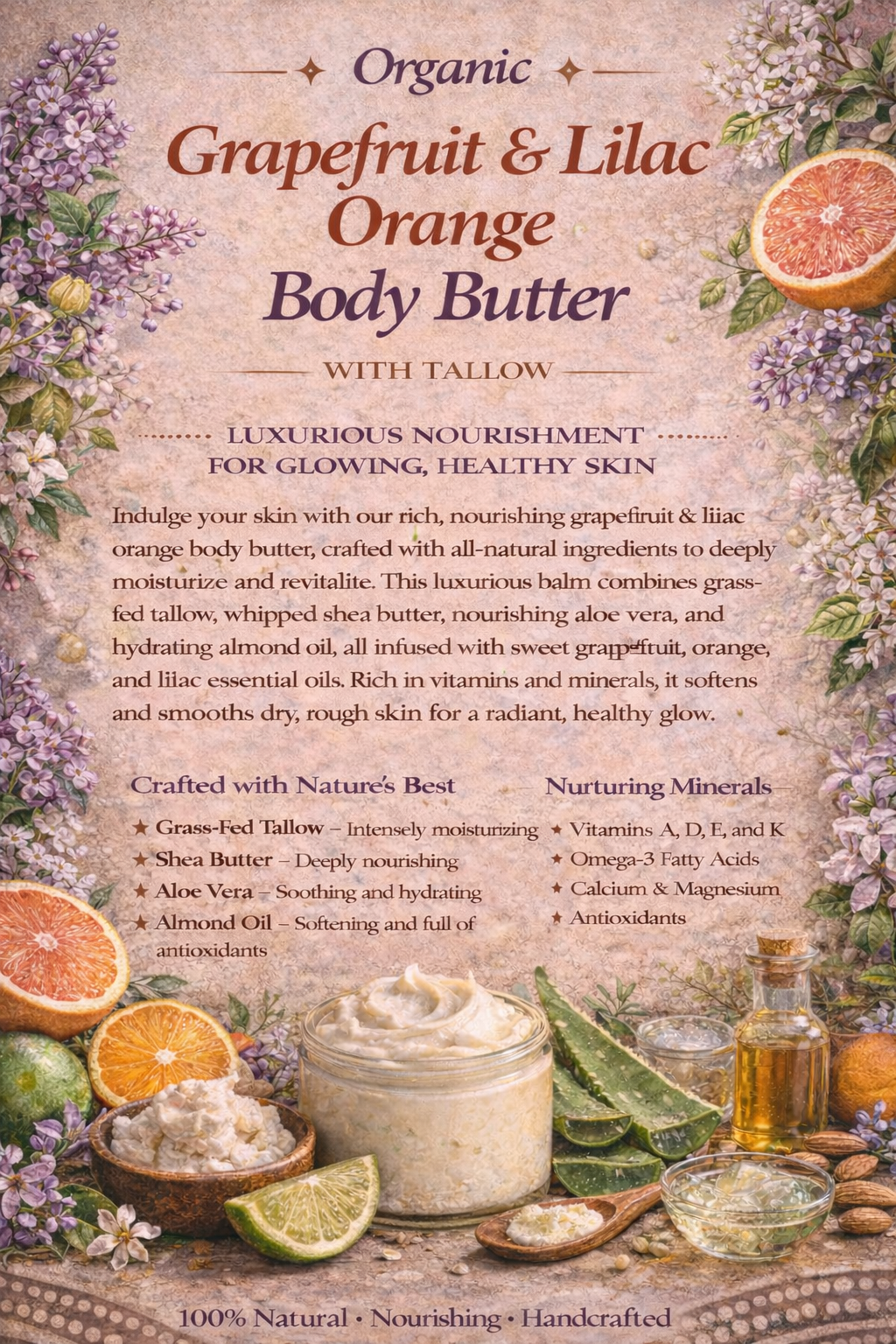 BODY BUTTER WITH TALLOW •GRAPEFRUIT & LILAC ORANGE 🍊🪻