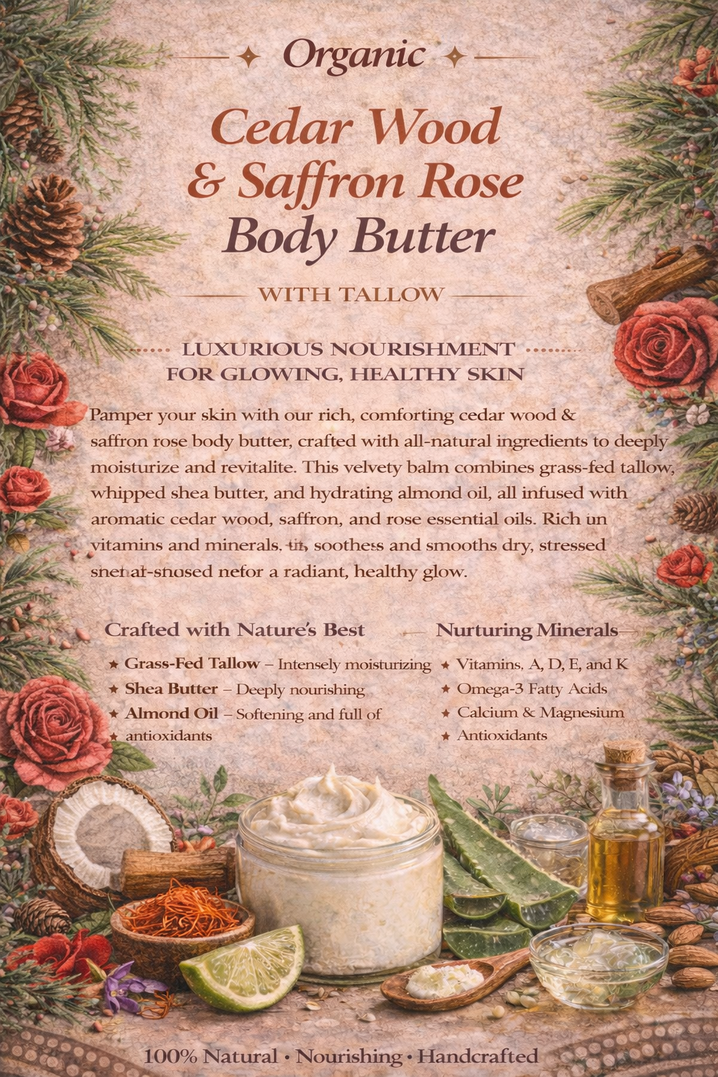 BODY BUTTER WITH TALLOW •CEDAR WOOD & SAFFRON ROSE 🌹 🪵