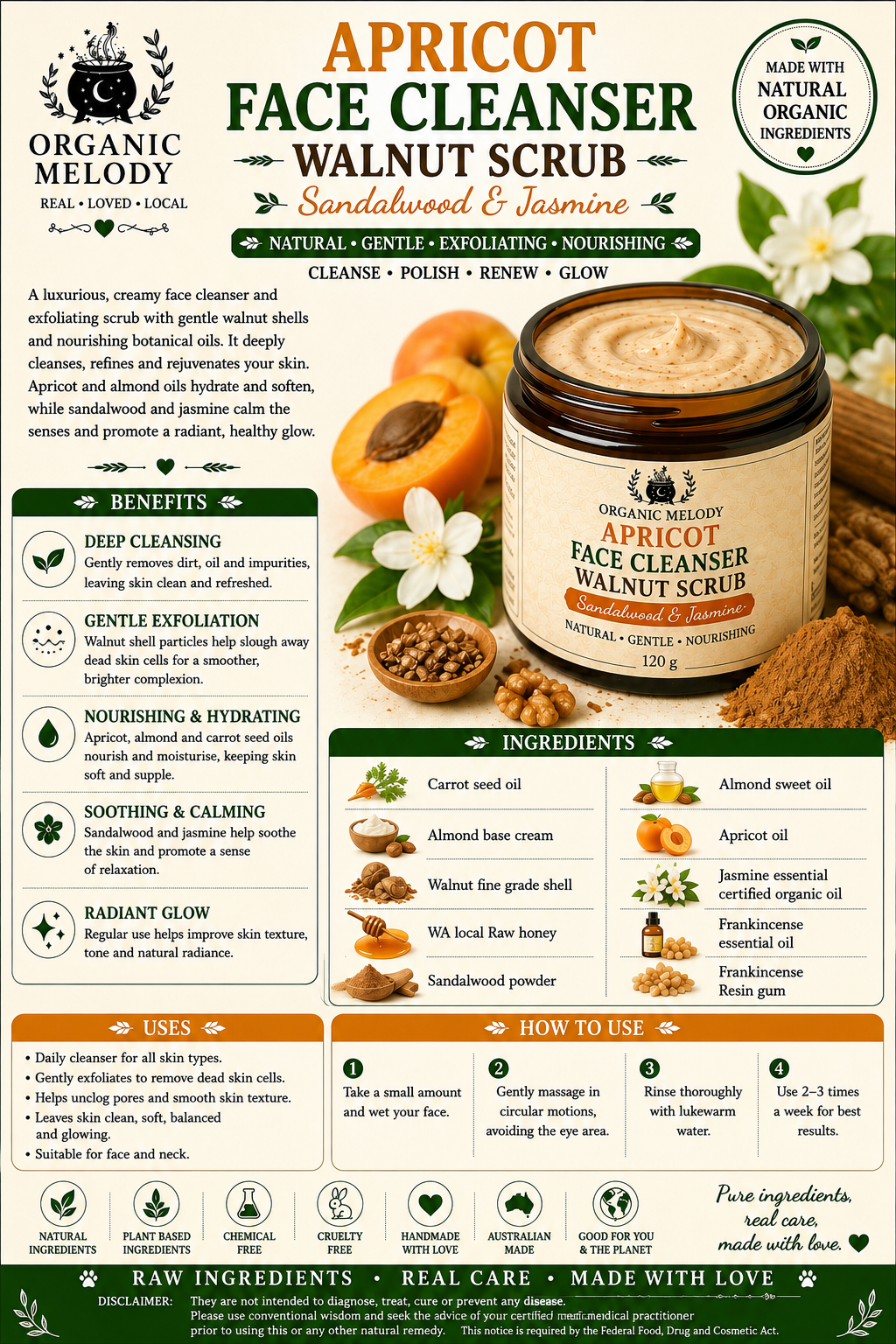 ALMOND/ WALNUT FACE CLEANSER SCRUB with Jasmine & Carrot seed oil.