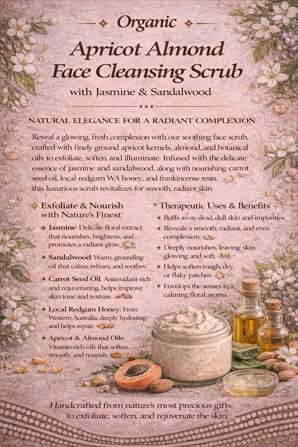 ALMOND/ WALNUT FACE CLEANSER SCRUB with Jasmine & Carrot seed oil.