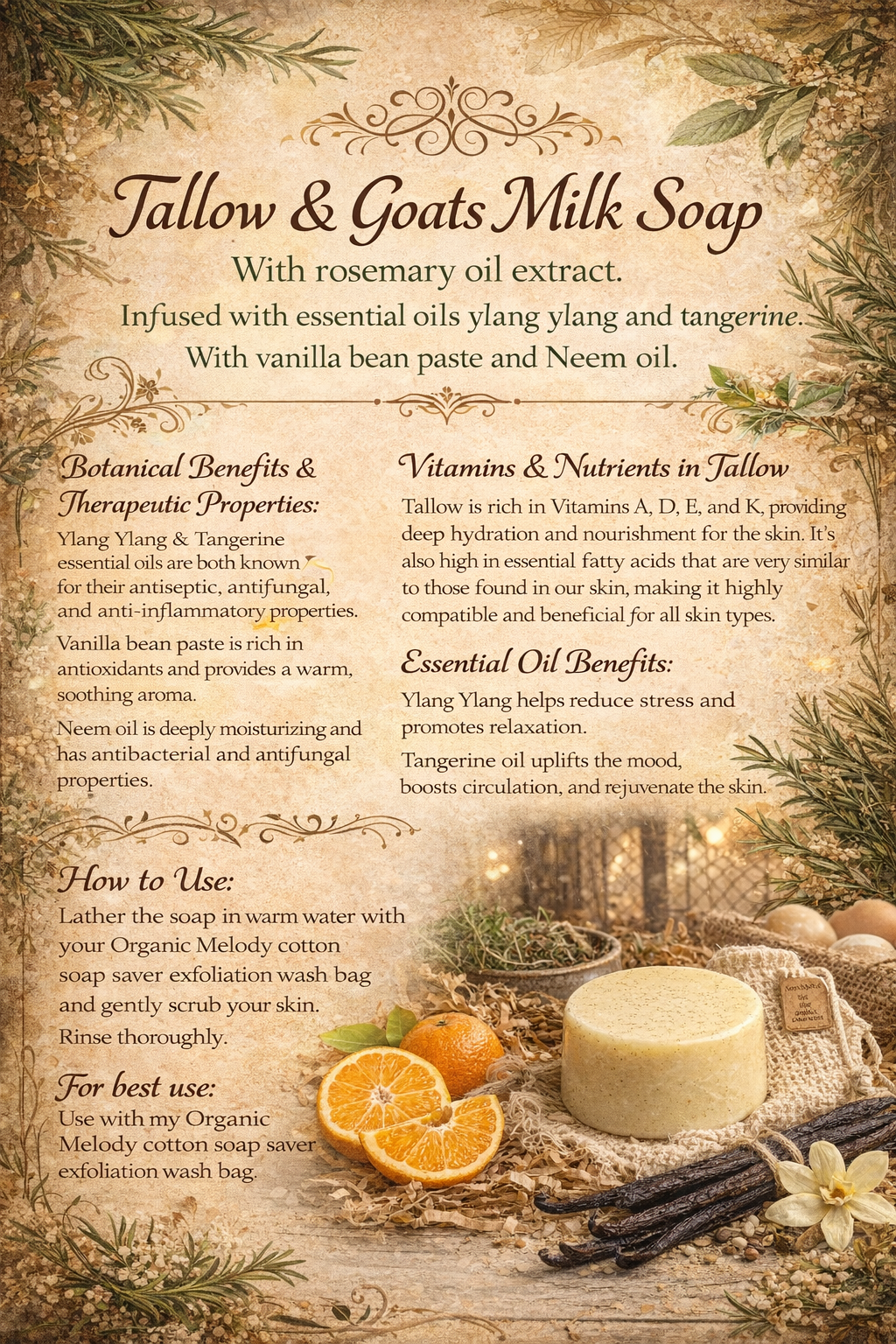 TALLOW GOATS MILK SOAP With Rosemary Oil Extract, Ylang Ylang & Tangerine 🍊